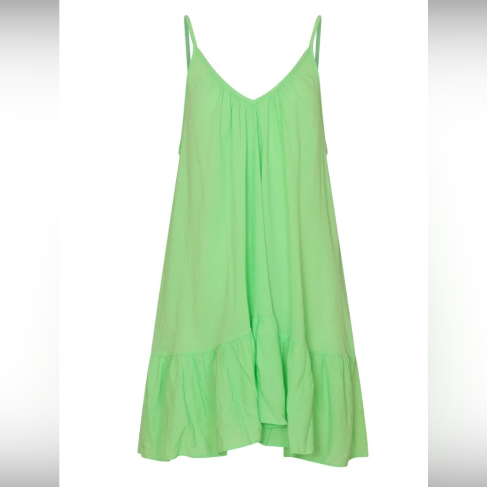 9Seed Cotton Bright Apple Green Swim Coverup Summer Mini Dress w/ Ruffle O/S